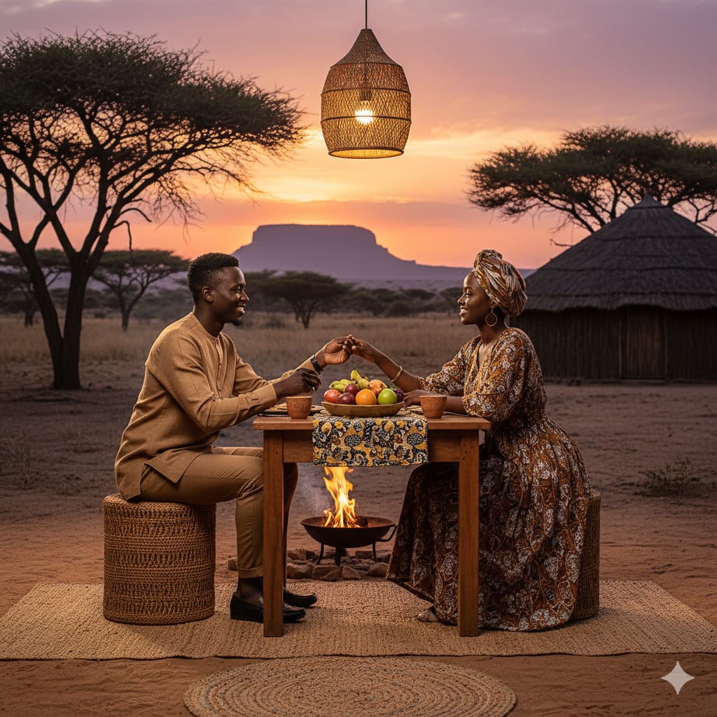 A picture of Ghanaian couple having dinner in the village. Essential dating tips.