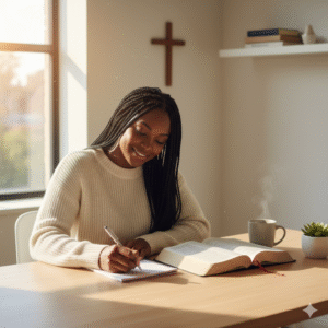 Picture of a peaceful Christian black woman writing in a notebook at a clean desk with soft natural lighting, Bible beside her, symbolizing productivity and calm. Overcoming Procrastination.