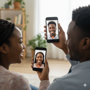 A Ghanaian couple video calling on their phones, smiling warmly at each other. Long-distance relationship.