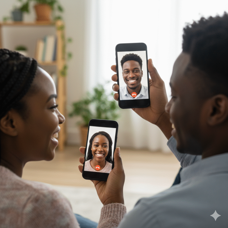 A Ghanaian couple video calling on their phones, smiling warmly at each other. Long-distance relationship.