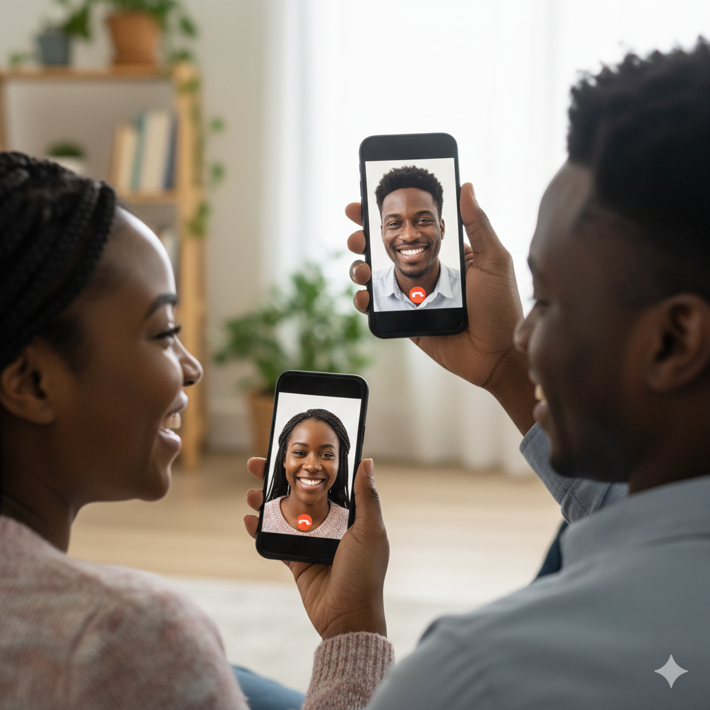 A Ghanaian couple video calling on their phones, smiling warmly at each other. Long-distance relationship.