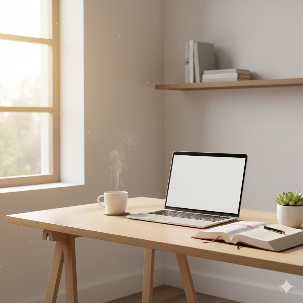A serene home office space with a Bible, laptop, coffee mug, and sunlight coming through the window—minimalistic and encouraging. Overcoming Procrastination Biblically