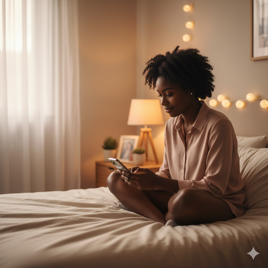 A woman writing a heartfelt message on her phone in her bedroom, soft lighting. Dealing with a long-distance relationship.