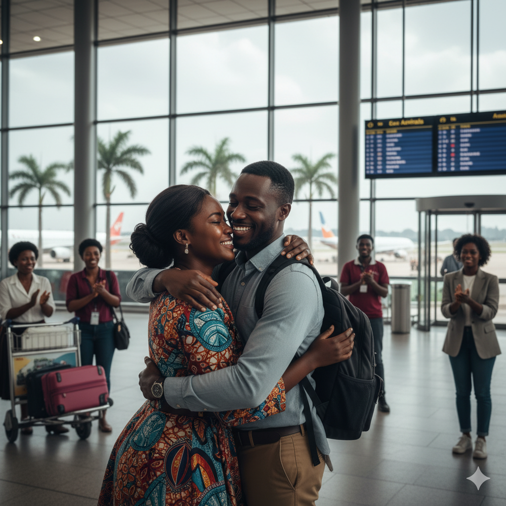 couple reuniting at Kotoka International Airport, emotional and joyful.