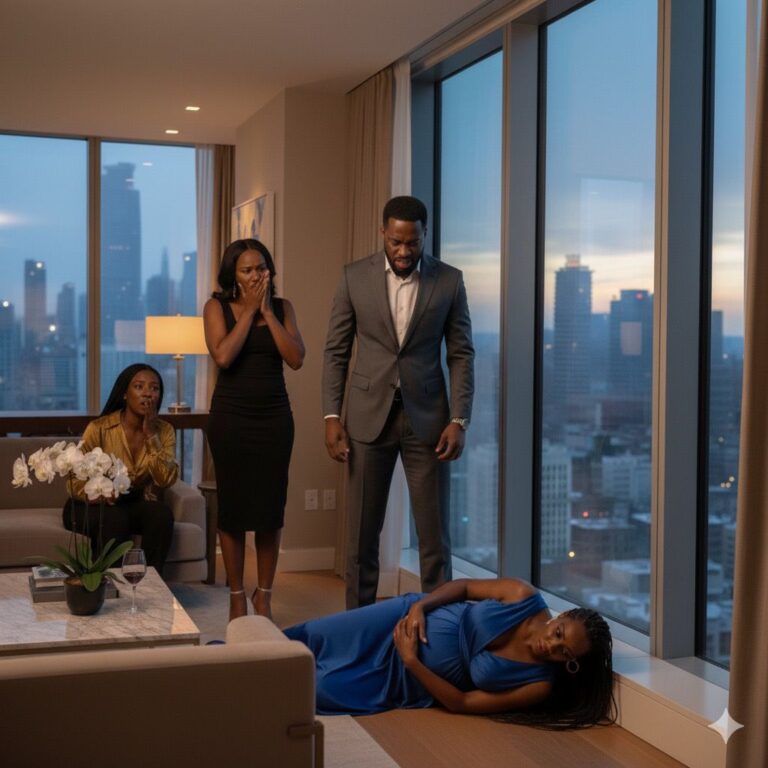 Picture of a group of friends talking while a pregnant woman lies on the floor. African story of friendship and betrayal