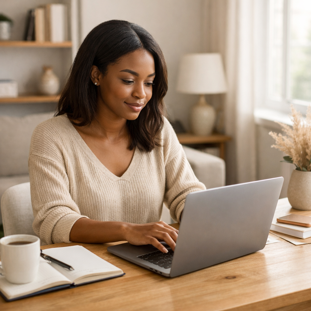 A black woman working from home on a laptop in a calm home office, illustrating how to start a blog in 2026 and make money from home.
