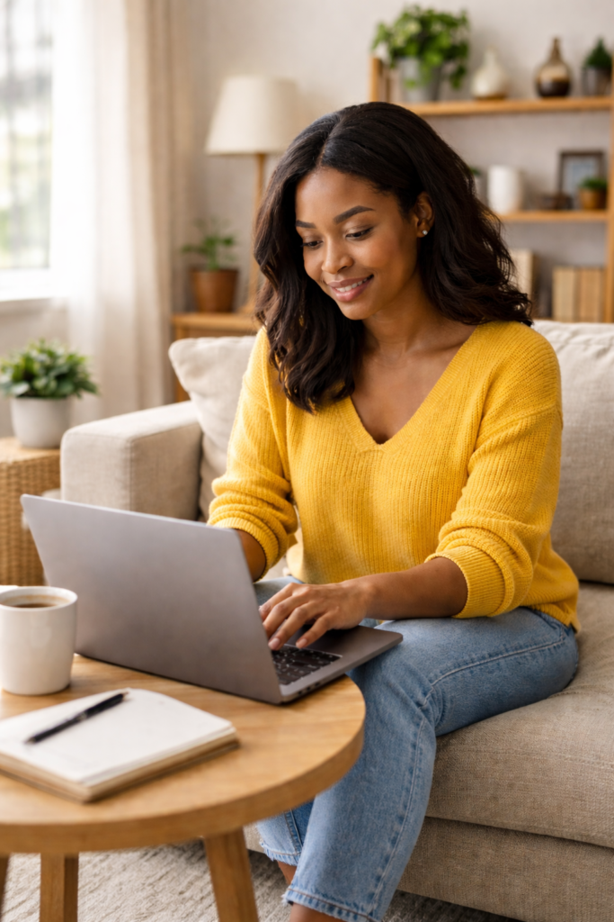 A black woman working remotely from home on a laptop, representing how to start a blog in 2026 and make money from home.