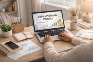 Hands typing blog content on a laptop, representing content creation needed to build a profitable website from scratch.