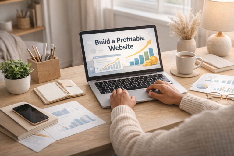 Hands typing blog content on a laptop, representing content creation needed to build a profitable website from scratch.