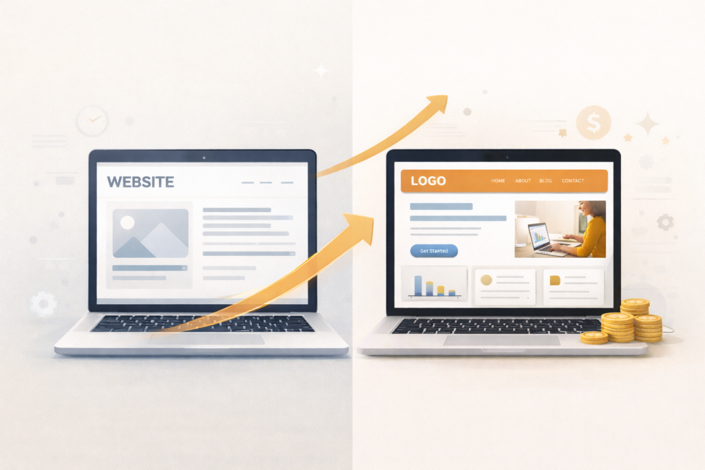 A split-scene illustration showing a beginner website growing into a professional one, representing how to build a profitable website from scratch.