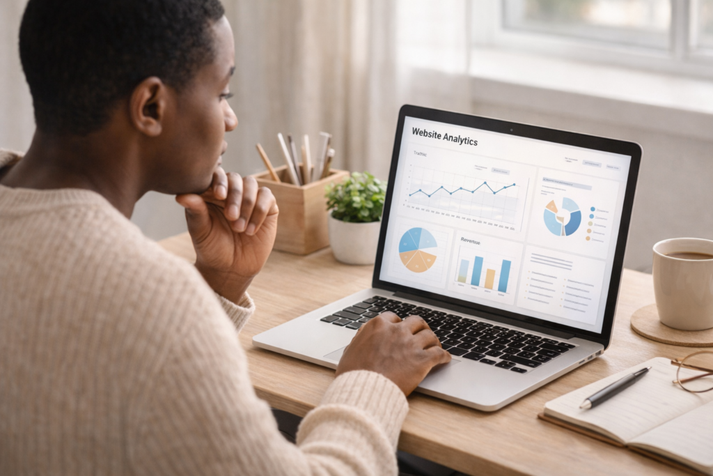 A black person reviewing website analytics on a laptop, showing strategy and planning to build a profitable website.