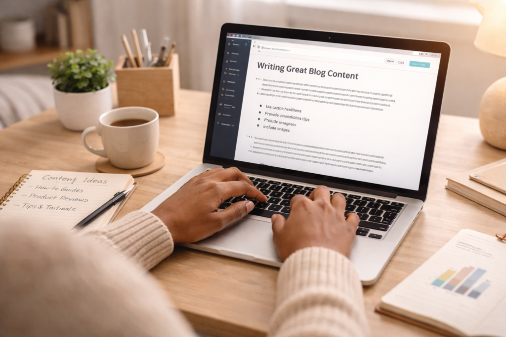 Hands typing website content on a laptop, representing content creation needed to build a profitable website.