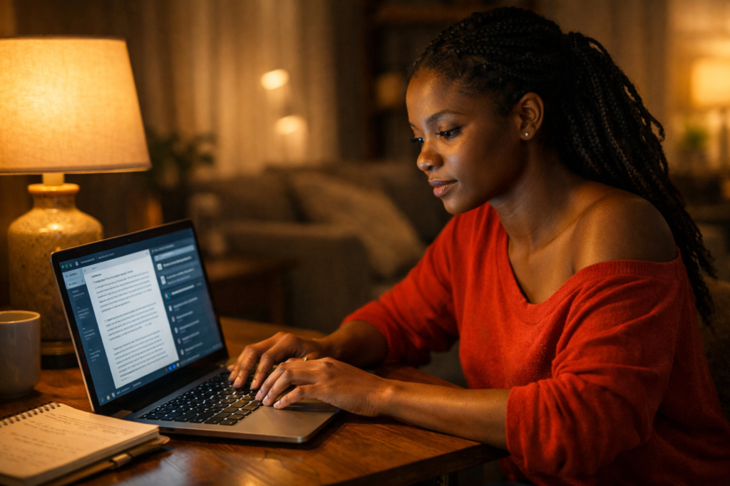 A Black woman working late at night on a laptop, showing how AI tools for beginners can support content creation from home.