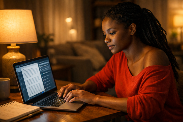 A Black woman working late at night on a laptop, showing how AI tools for beginners can support content creation from home.