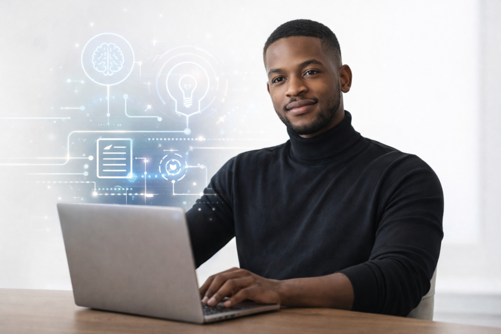 A modern illustration of a Black man using AI tools for beginners to explore digital creativity and content creation.
