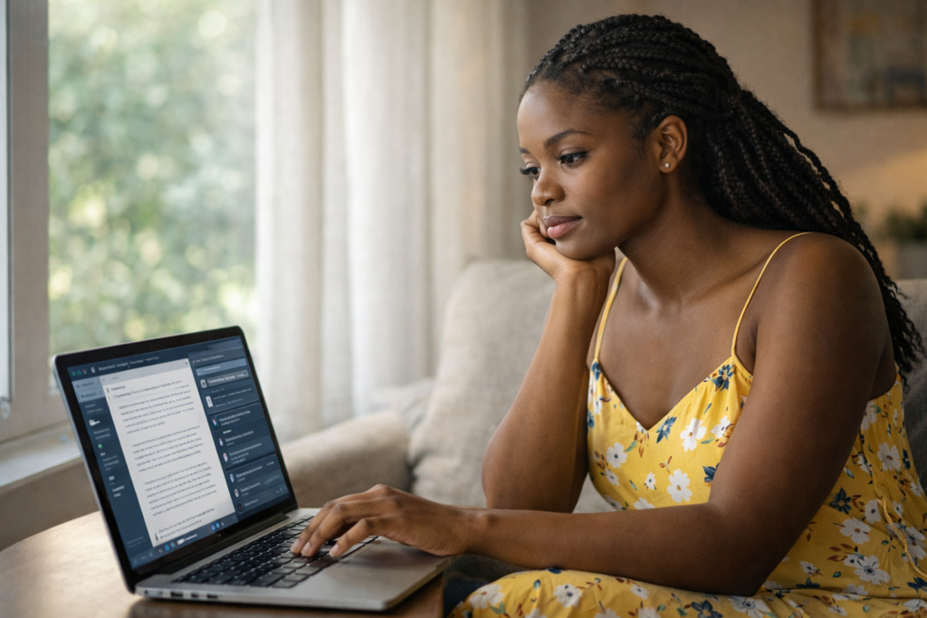 A Black woman learning with a laptop by the window.