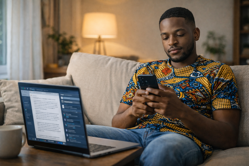 A Black man using a smartphone at home, showing how AI tools for beginners support flexible work-from-home income.