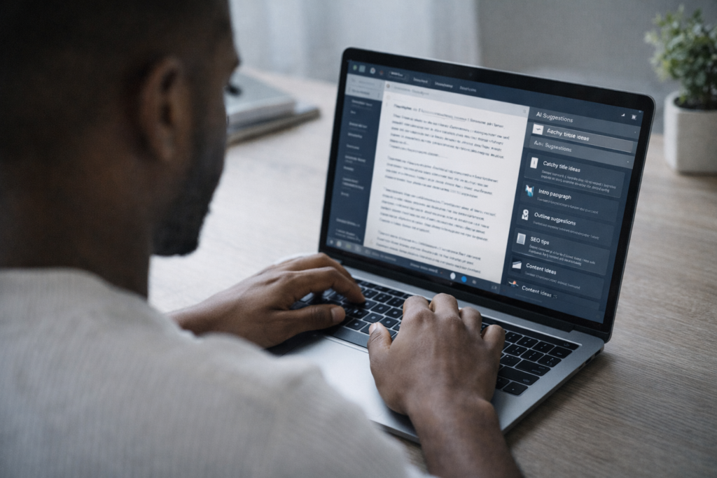 A Black person typing content while reviewing AI tools on a laptop screen.