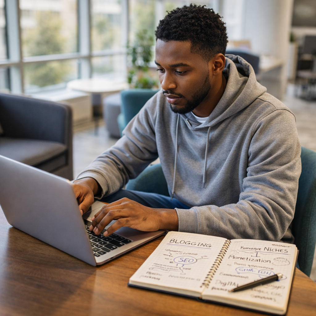 Black man planning blogging and SEO strategy on a laptop in a modern coworking space