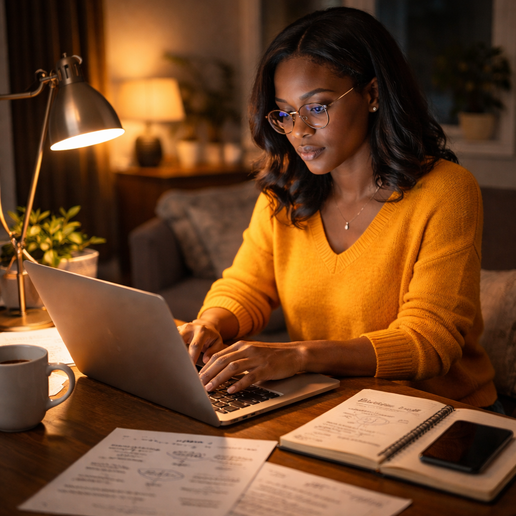 Black woman writing long-form blog content at night with focused lighting and notes