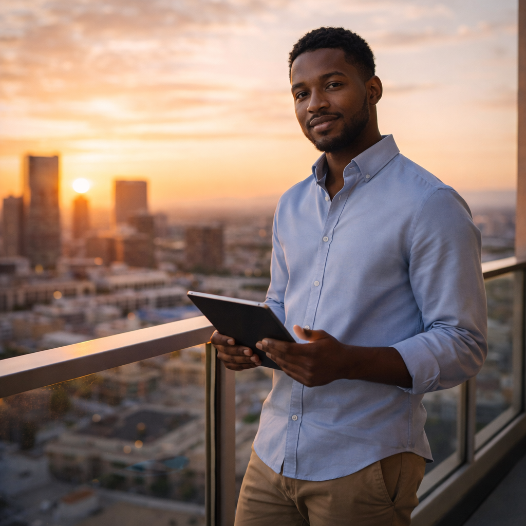 Black man holding a tablet on a balcony overlooking the city, symbolizing Blog Niches That Still Pay in 2026