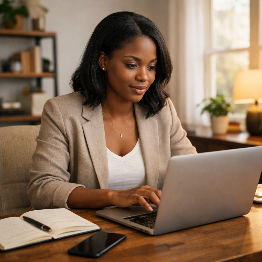 Black woman blogger working on a laptop in a cozy home office, representing Blog Niches That Still Pay in 2026