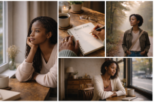 A photogrid of pictures of a woman contemplating about her personal growth.