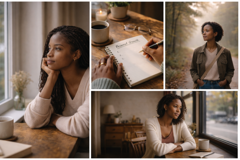 A photogrid of pictures of a woman contemplating about her personal growth.