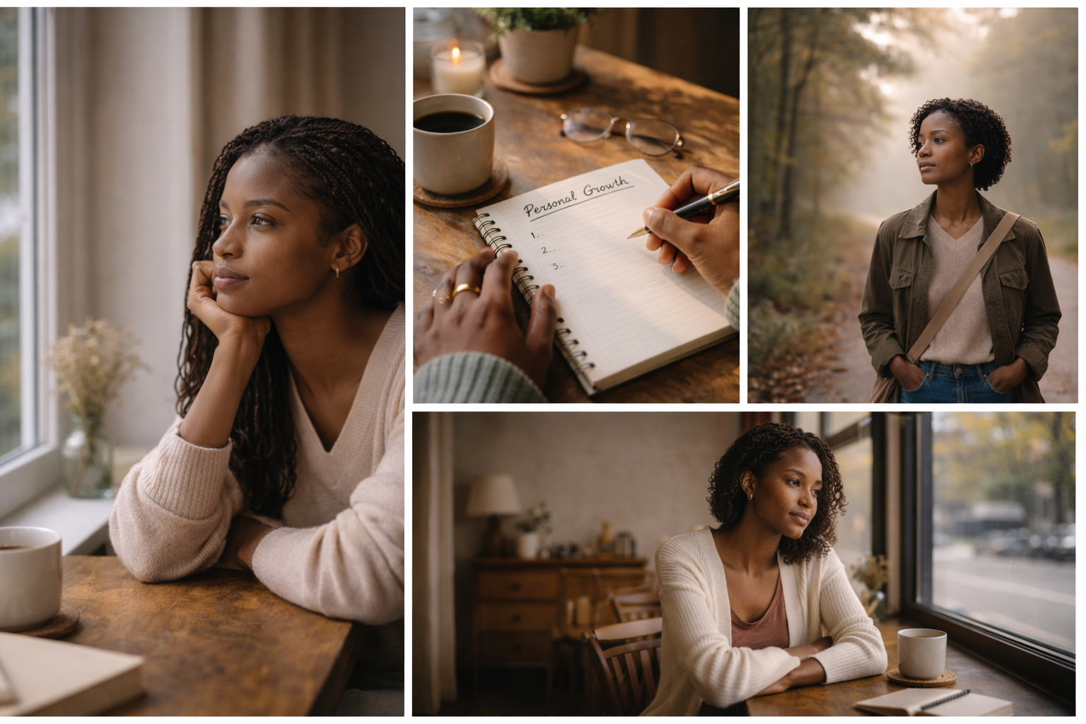 A photogrid of pictures of a woman contemplating about her personal growth.