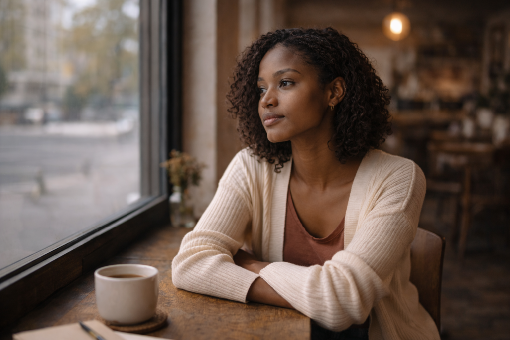 Thoughtful Black woman sitting alone in a quiet café, looking out the window with a calm, reflective expression