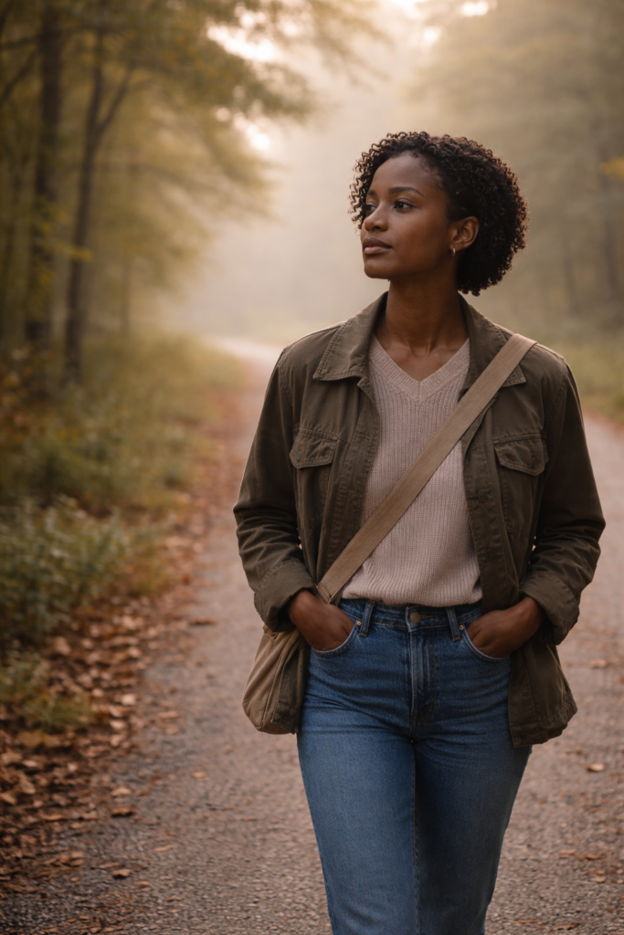 Black woman walking alone on a quiet path in early morning light, looking ahead with a reflective posture