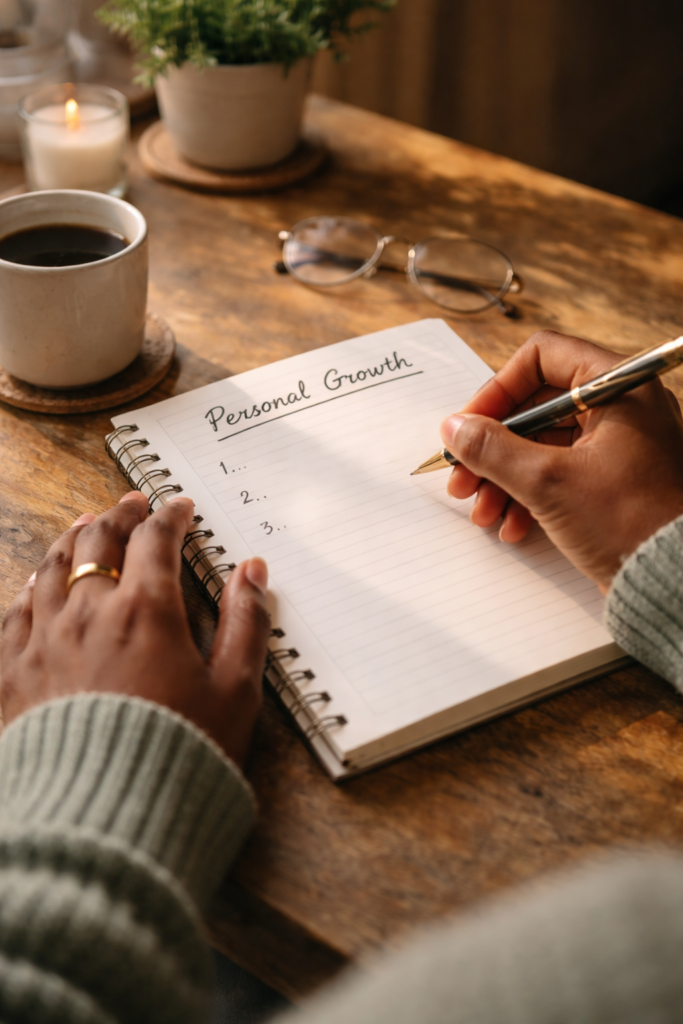 Close-up of a person writing “Personal Growth” in a notebook on a wooden table in warm sunlight