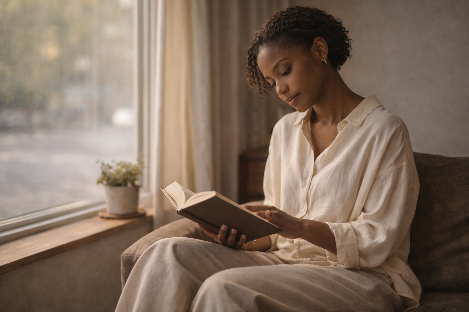 Black woman reading personal growth books by a window in soft morning light in a calm, cozy room