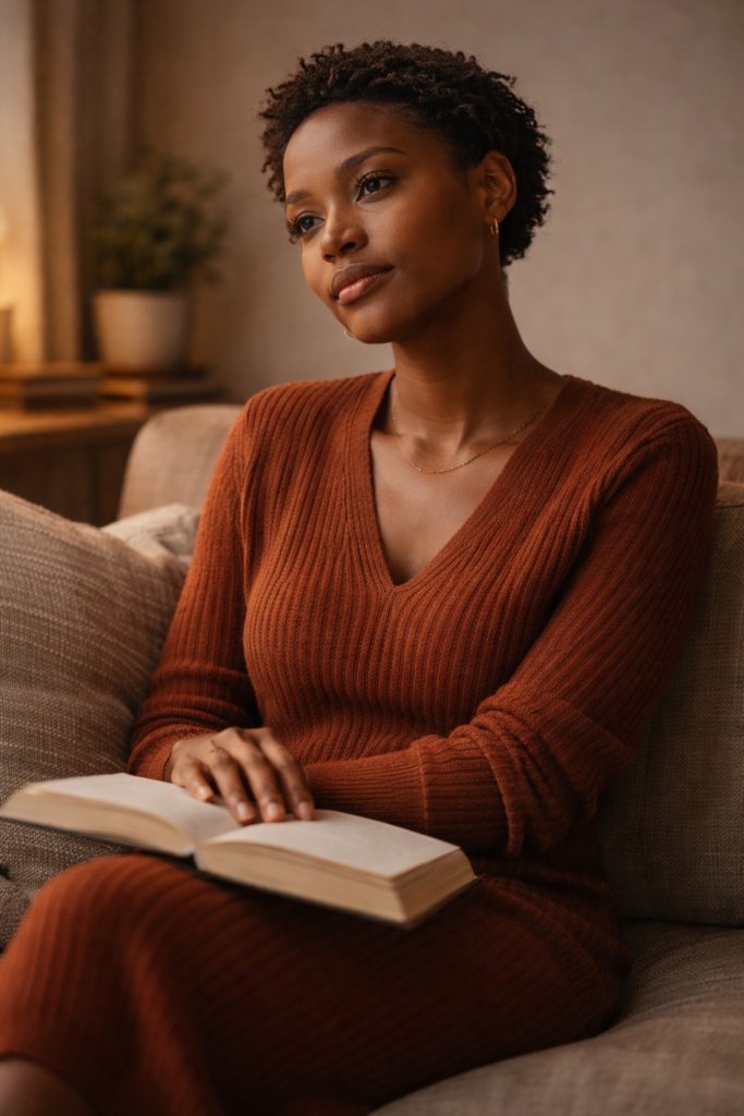 Black woman with short natural hair sitting on a sofa with a book on her lap, reflecting quietly