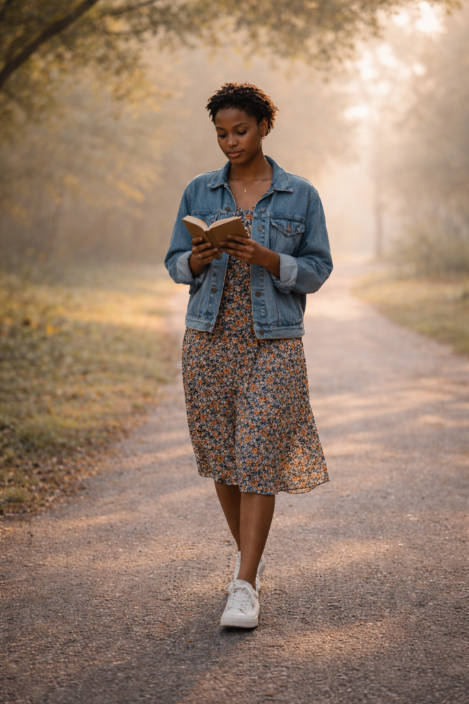 Black woman walking on a quiet path in the morning while reading a personal growth books in soft sunlight