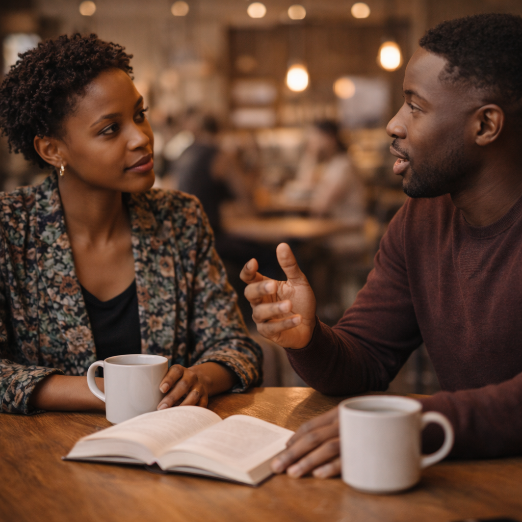 Two Black adults talking in a café with a book on the table between them in warm lighting