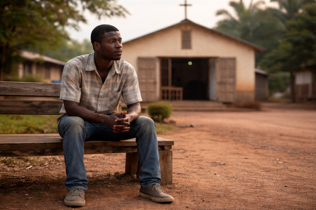 A young Black man sits alone on a wooden bench outside a small church in a quiet Ghanaian town, reflecting in the early morning light.