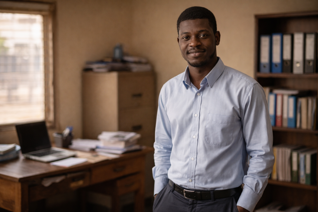 A young Black man stands confidently in a modest office, dressed neatly and smiling calmly in soft light.