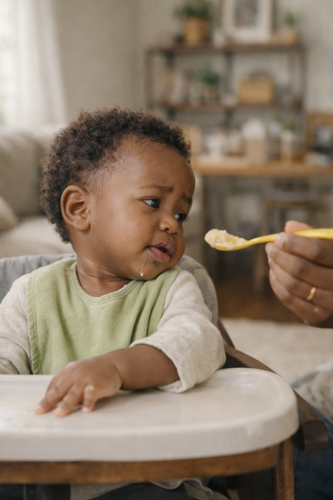 Toddler gently turning away from food during mealtime at home.