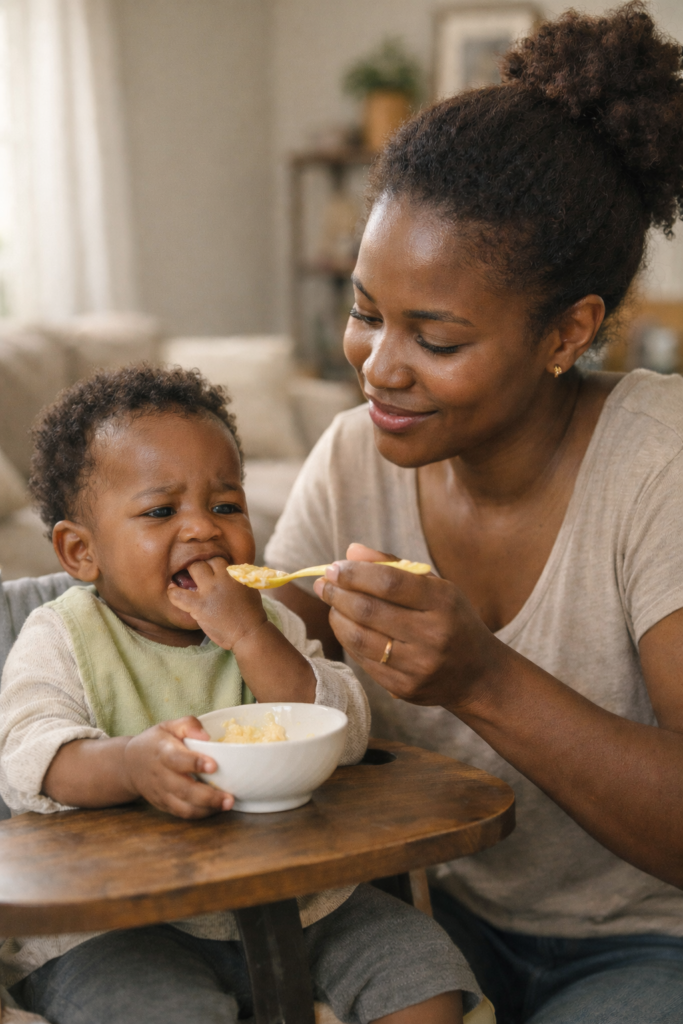 How to feed your baby during teething as a mother gently feeds her teething toddler at home.
