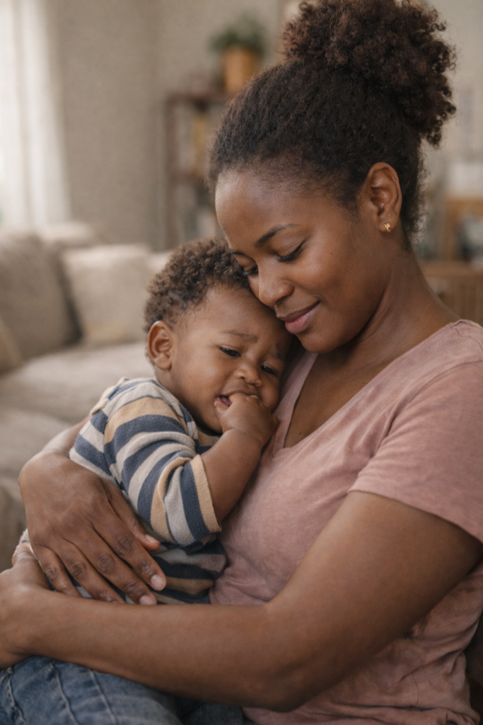 Mother comforting her toddler after mealtime at home