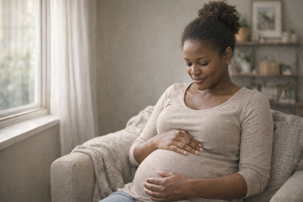 Early pregnancy symptoms reflected in a woman sitting by a window with hands on her belly