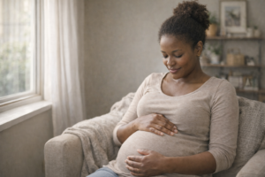 Early pregnancy symptoms reflected in a woman sitting by a window with hands on her belly
