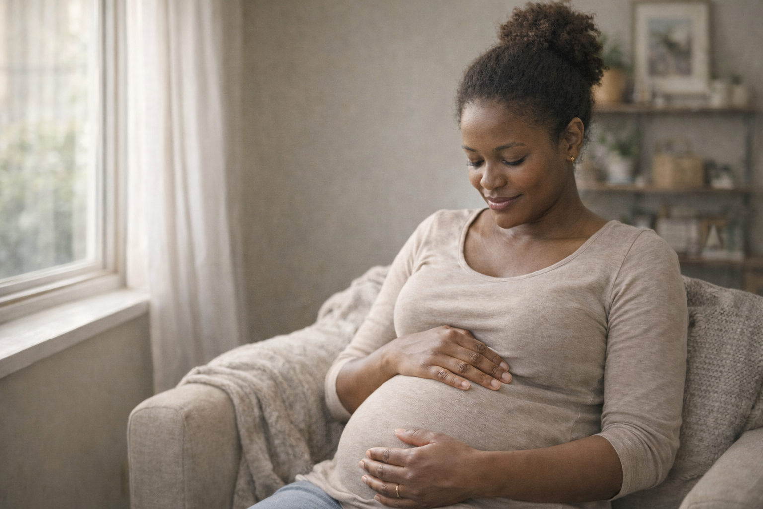 Early pregnancy symptoms reflected in a woman sitting by a window with hands on her belly