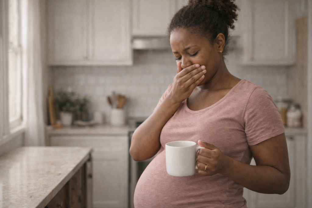 Woman in early pregnancy experiencing mild nausea in the kitchen