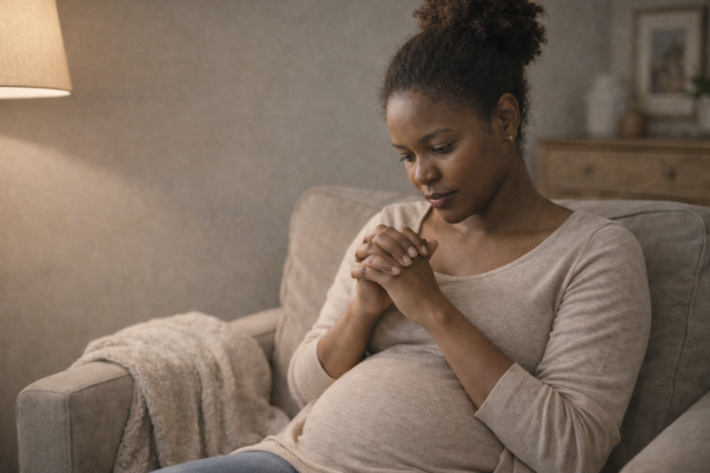 Reflective moment of a woman in early pregnancy sitting alone