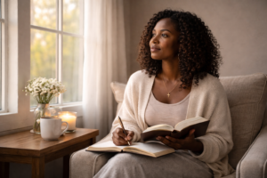 A Christian woman sitting by a window in the early morning, reading the Bible and journaling in a calm, reflective space. Staying disciplined as a Christian woman.