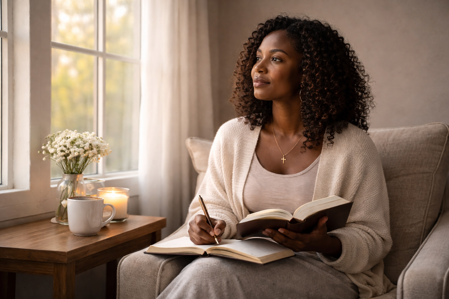 A Christian woman sitting by a window in the early morning, reading the Bible and journaling in a calm, reflective space. Staying disciplined as a Christian woman.