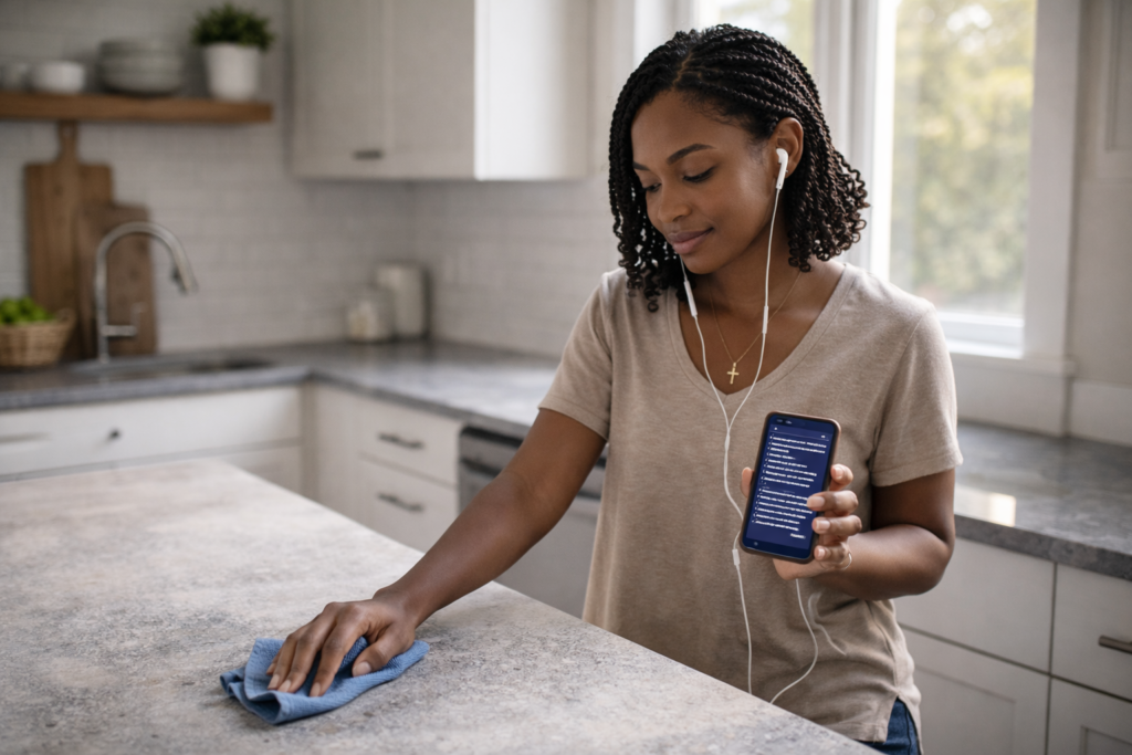 A woman cleaning her kitchen while listening to scripture on her phone through earphones