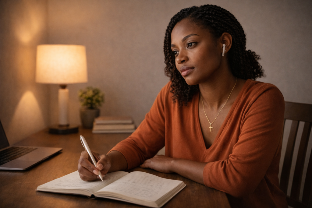 A Black woman sitting at a desk with a notebook and pen, pausing mid-work with a reflective expression